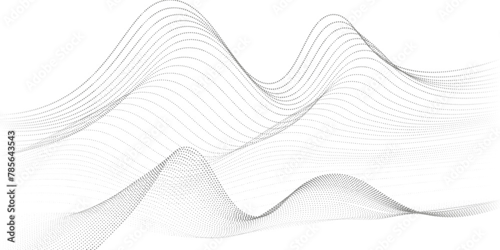 Flowing dots particles wave pattern 3D curve halftone black gradient curve shape isolated on white background.