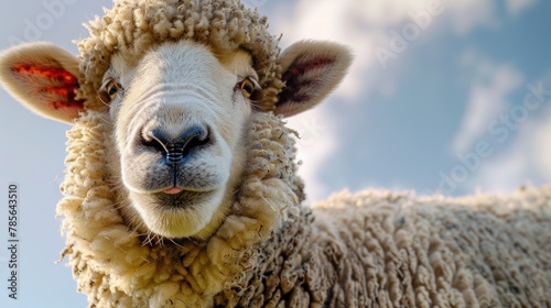 What a cute funny sheep. Portrait of sheep showing tongue. photo