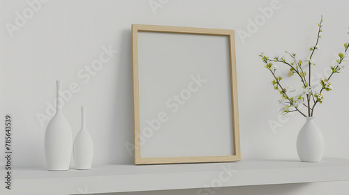 Large white poster in a wooden frame on a white wall near a plant
