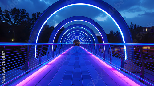 An innovative pedestrian bridge that uses kinetic energy from foot traffic to power LED lights creating a dynamic and interactive light show at night.