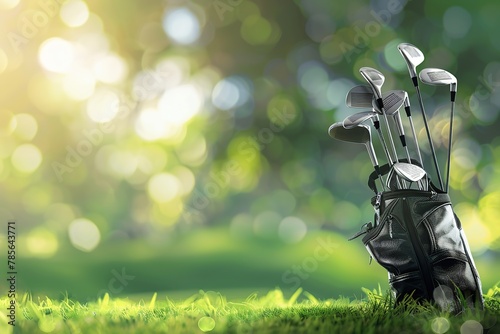 Golf clubs in modern bag on blurred green background photo