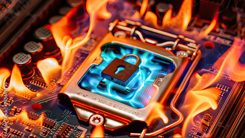 A graphic representation of a CPU chip locked with a padlock surrounded by flames, symbolizing digital security, data protection, and cyber threats