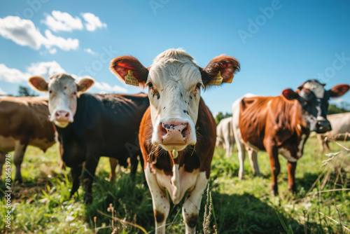 Curious Cows in Pasture Under Blue Sky © spyrakot