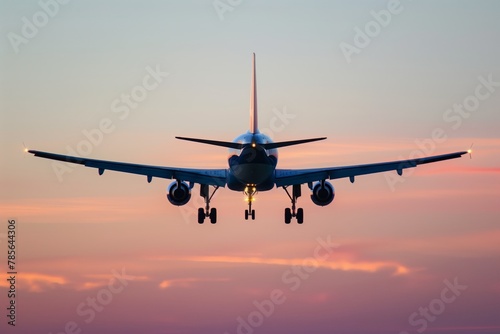 Commercial airplane landing during twilight