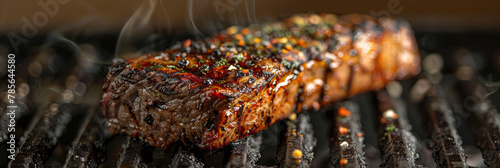 Sizzling Juicy Steak on Grill with Smoke and Seasonings photo