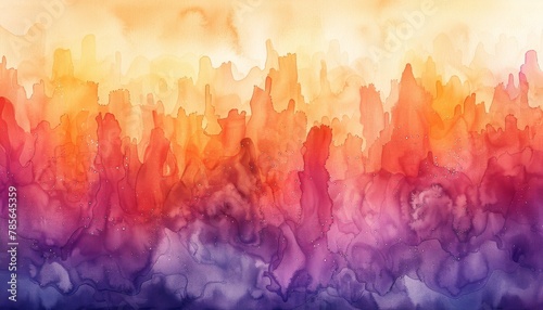 A vibrant watercolor depicting a whimsical festival of towering flames dancing to quantum beats in lemon tonic and deep purple hues