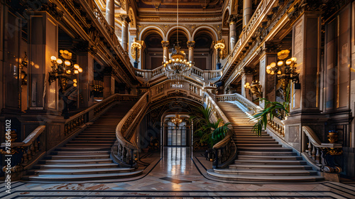 An opulent entryway with a grand staircase and ornate details. © Finn