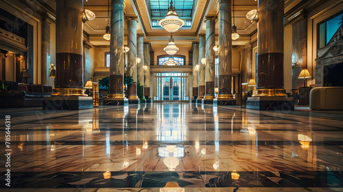 An opulent hotel lobby with marble floors and grand columns.