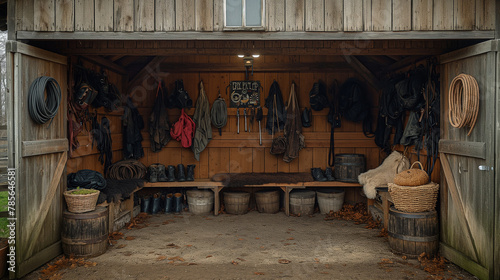 Equine Care: A dedicated stable hand tends to the needs of horses, using grooming brushes, hoof picks, and mane combs to keep their equine charges looking their best. In the backgr photo