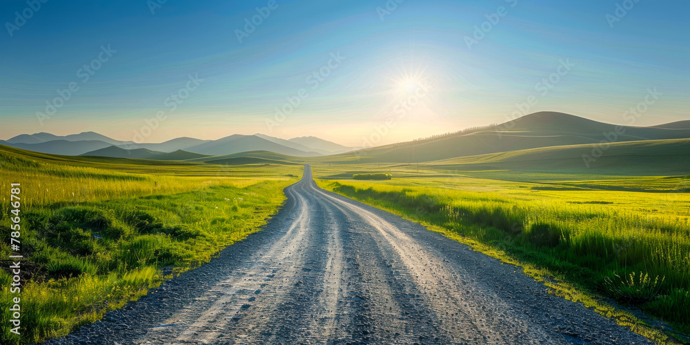 Naklejka premium Country road with fresh green grass on the sides leading towards lush