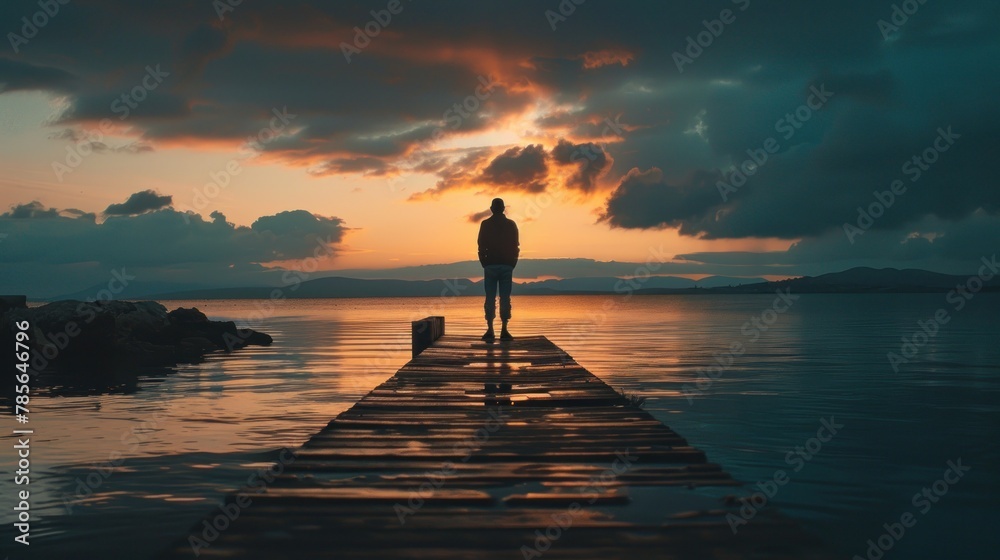Obraz premium A silhouette of an unrecognizable person standing on a wooden quay overlooking a calm sea.