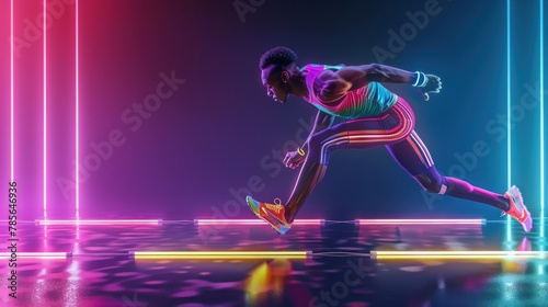 Young African American male runner in a colorful tracksuit sprinting from the start position in a studio, illuminated by bright neon lights.
