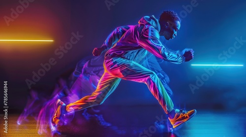 Young African American male runner in a colorful tracksuit sprinting from the start position in a studio, illuminated by bright neon lights. © DreamPointArt