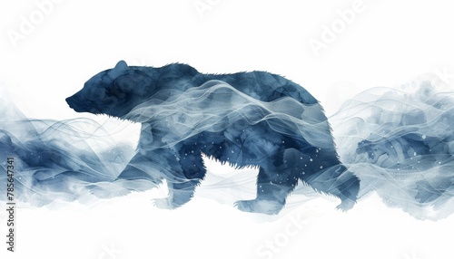 A bear shadow sculpture blends into abstract martensite patterns in a serene watercolor style nursery book. Against a baby blue and white backdrop, negative space creates a dreamy photo