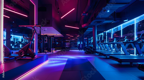 An ultra-modern gym with high-end fitness equipment and LED lighting.