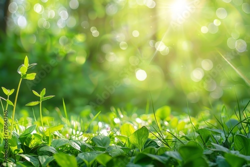Vibrant Springtime Scene with Fresh Green Grass and Sunlight Rays, Nature's Renewal
