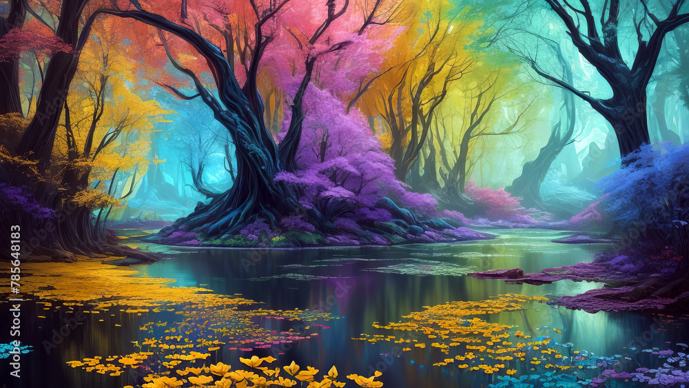 Fototapeta premium A Vibrant, Whimsical Fantasy Painting Depicting Vibrant Jewel-Toned Colorful Enchanted Fantasy Forest with a River and Lavish Flowers