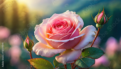 Close-up of pink roses bush. Beautiful flowers in park. Blurred natural backdrop.