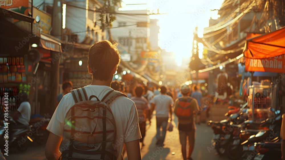 A backpackers journey through a vibrant bustling market in a foreign city capturing the excitement of cultural immersion and the discovery of new experiences.