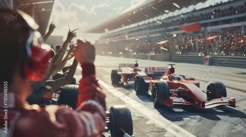 Racing fans cheer as formula cars speed by on track. photo