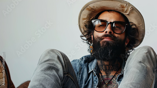 portrait of a middle aged man urban hipster style clothing wearing glasses with copy space  photo