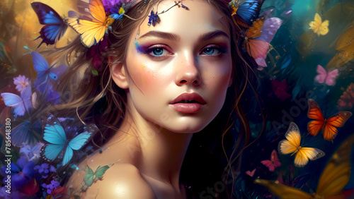 Fantasy artwork of ethereal, jewel-toned vision of a delicate, fairy-like girl against vibrant background of blooming flowers and kaleidoscopic butterflies