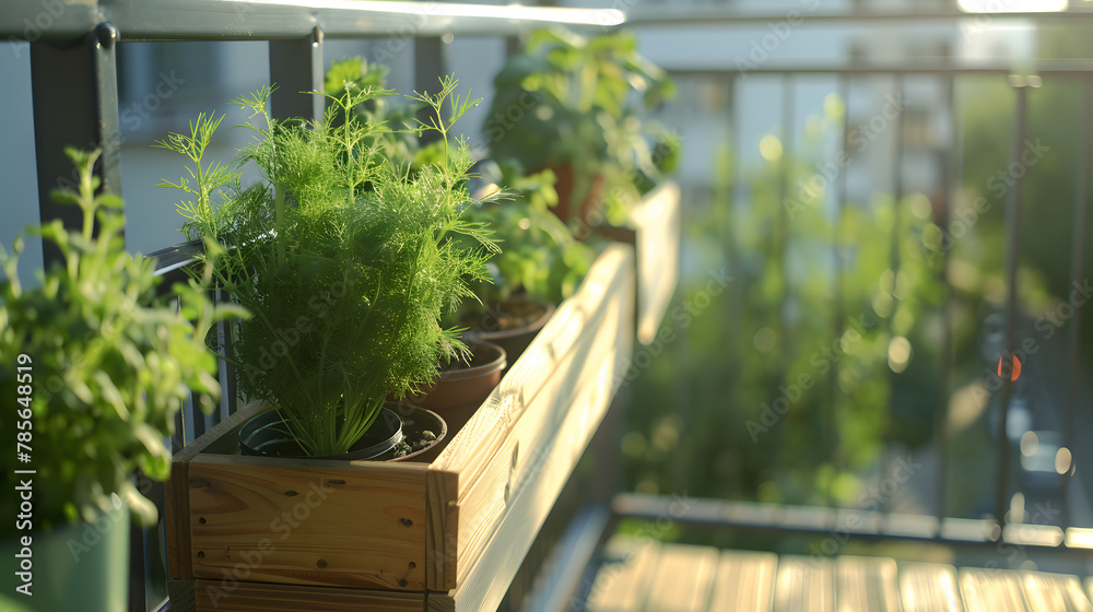 A balcony featuring a biodegradable potting station for herbs emphasizing zero-waste gardening practices with marjoram and dill.