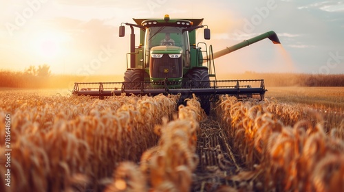 Harvesting wheat with a tractor in an Ecoregion field at sunset