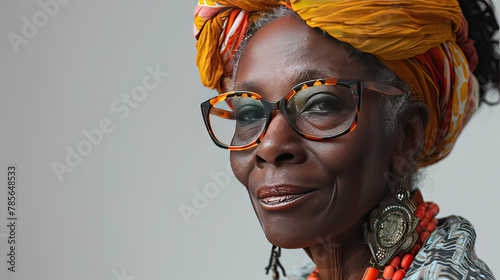 portrait of an older aged woman fashionable colorful style clothing wearing glasses with copy space