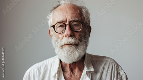 portrait of an older aged man urban hipster style clothing wearing glasses with copy space