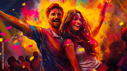 Happy couple dancing during holi festival celebration with colorful face and dress at ceremony - concept refreshment, entertainment and joyful 