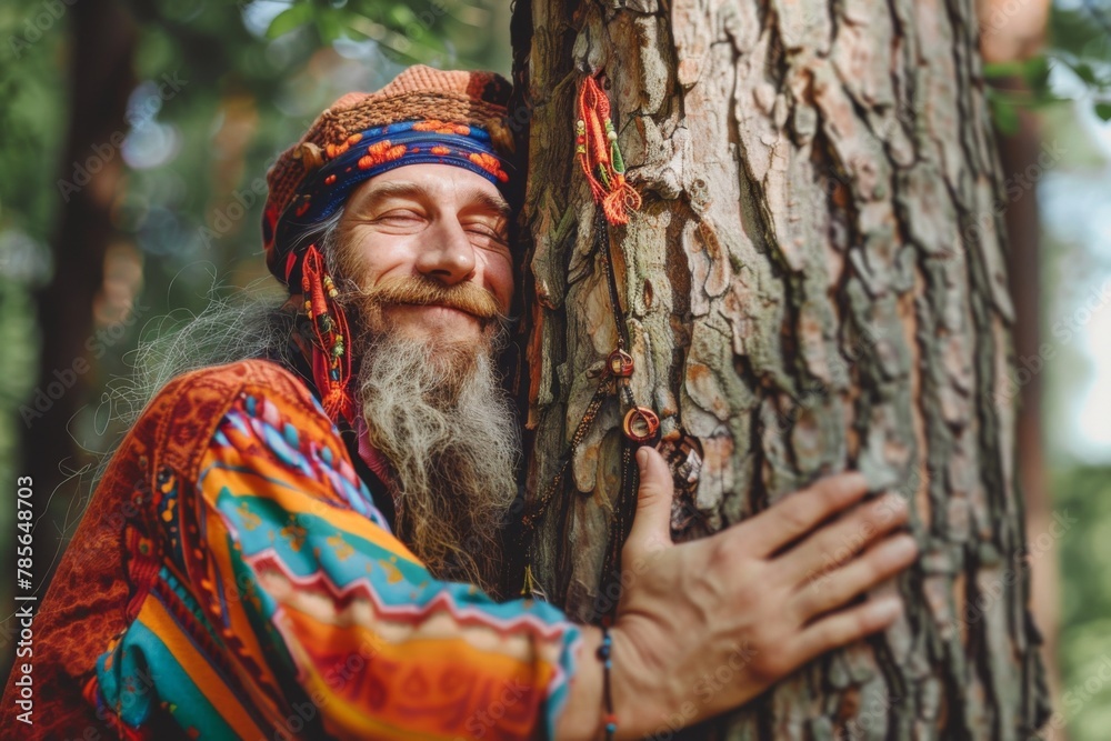 Smiling hippie man hugging a tree in nature