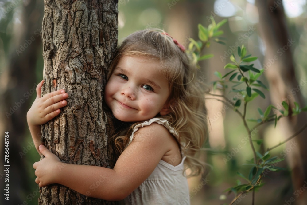Smiling little girl hugging a tree in nature Smiling little girl hugging a tree in nature