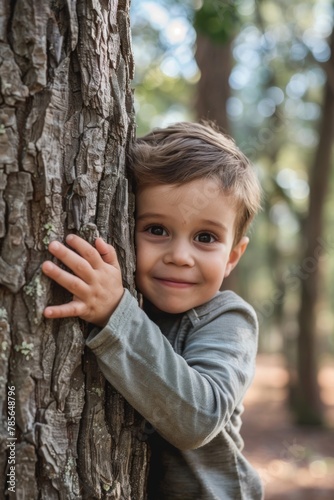 Smiling little boy hugging a tree in nature