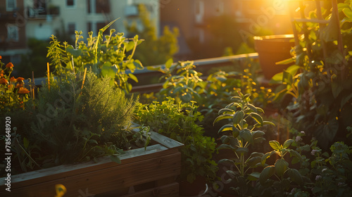 A balcony garden at sunset featuring companion-planted herbs and vegetables in raised beds demonstrating permaculture techniques in an urban setting.