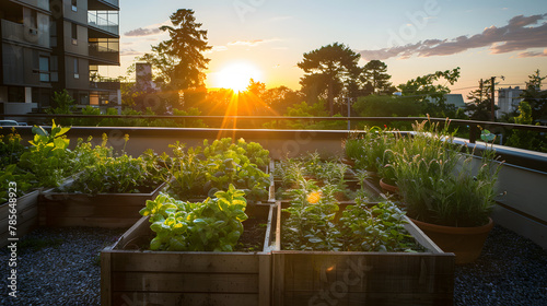 A balcony garden at sunset featuring companion-planted herbs and vegetables in raised beds demonstrating permaculture techniques in an urban setting. photo