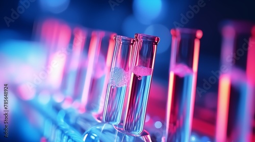 Test tube row. Concept of medical or science laboratory, liquid drop droplet with dropper in blue red tone background, close up.