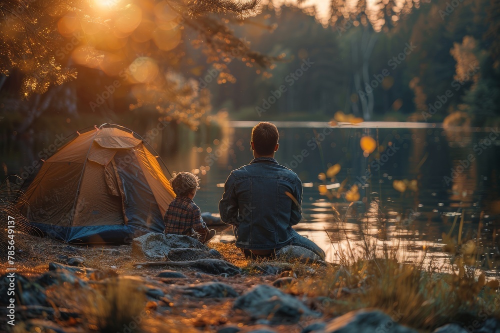 A serene scene of a father and child sitting by a tent overlooking a lake surrounded by forest during sunset