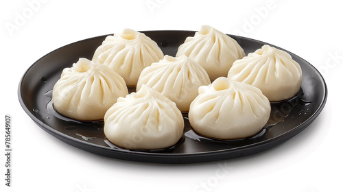 Plate with tasty dumplings isolated on white. AI.