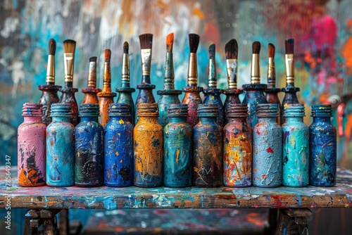 Detailed image showcasing a selection of paintbrushes standing in colorful, paint-splattered bottles against an abstract background photo