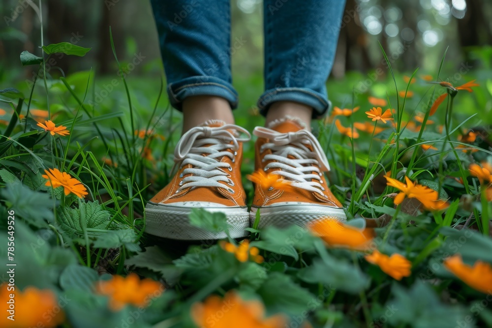 Vibrant orange sneakers stand out against a background of fresh greenery, symbolizing youth and energy Vibrant orange sneakers stand out against a background of fresh greenery, symbolizing youth and energy