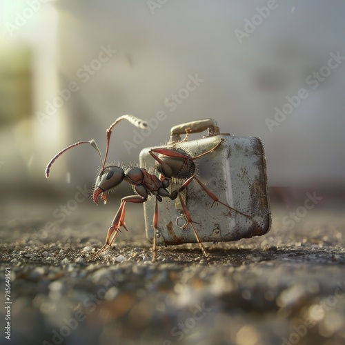 An ant showcases immense strength by dragging a white miniature suitcase across a textured pavement, illustrating the power of nature photo