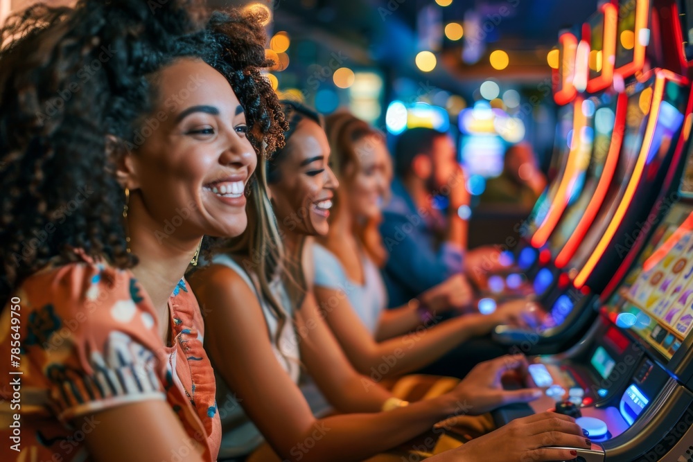 A vibrant group of women caught in a moment of joy while playing slot machines at a casino