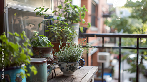 A balcony garden utilizing old kitchen items as planters for herbs showcasing creative recycling with plants like rosemary and mint growing in teapots and mugs.