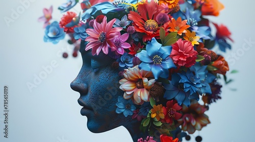 An artistic 3D portrait where a human figure merges with a bouquet of vivid flowers, faces of emojis hidden within the petals, expressing varied moods © Dinopic 3Ds