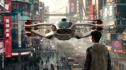 a futuristic flying car in a city at night time