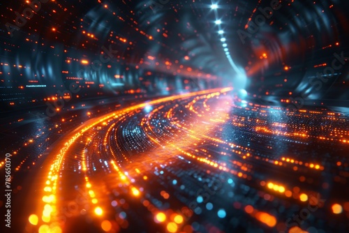 A vivid visual of a data tunnel with flowing red and orange lights representing speed and data transfer