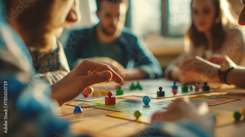 A workshop leader using a game to teach financial strategies, with participants grouped around a table playing an educational board game. The game pieces are illuminated by natural