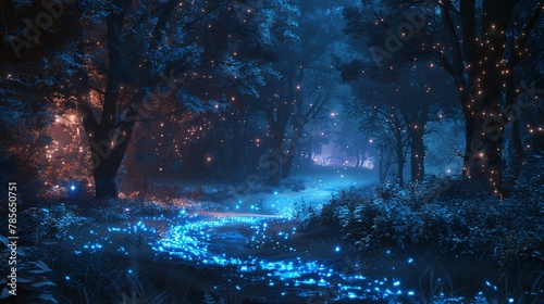 a forest with blue flowers and lights in the woods at night time