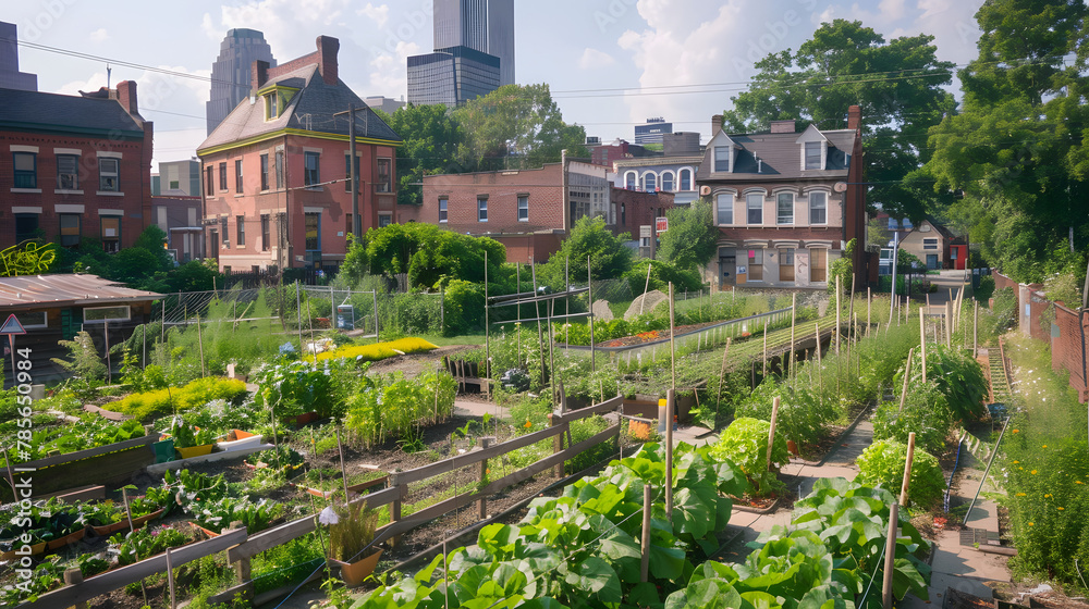 An urban regeneration project transforming abandoned structures into green mixed-use spaces with community gardens and renewable energy sources.